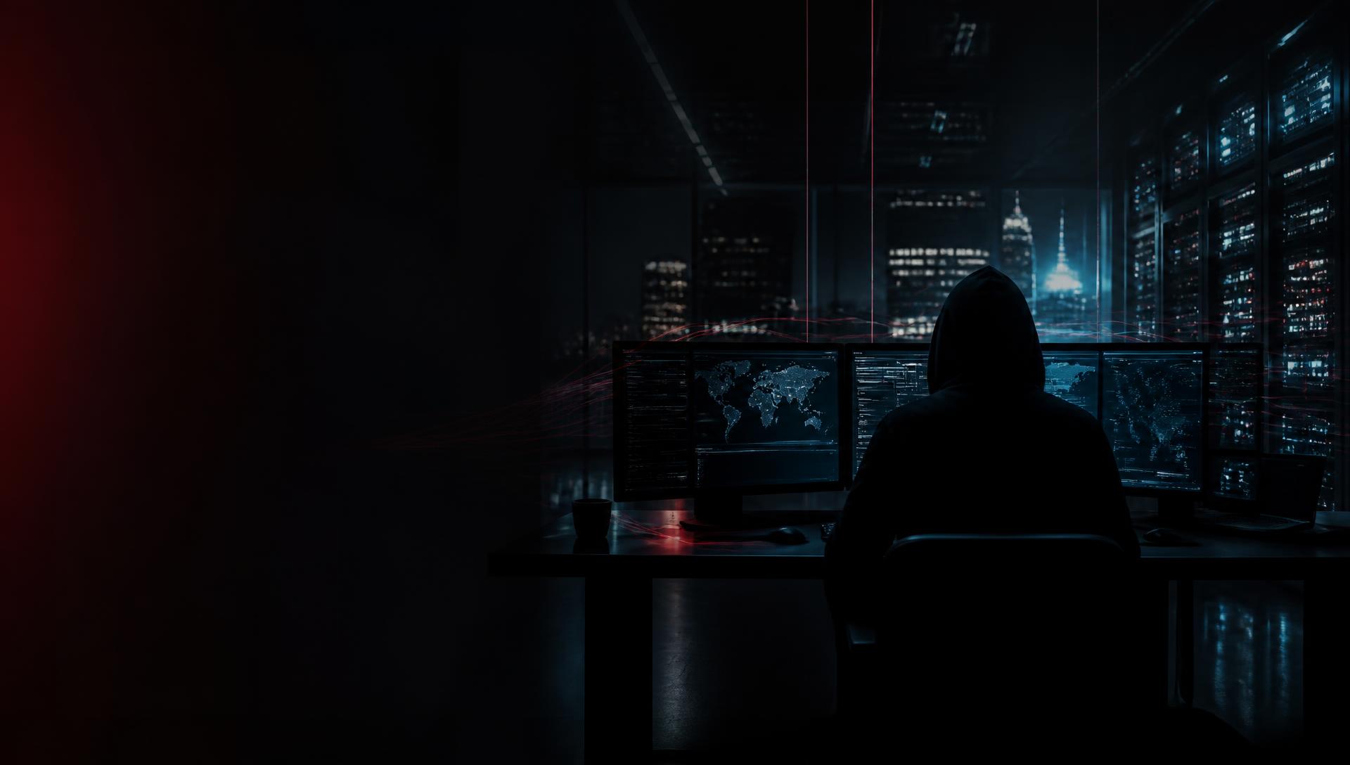 Shadowed cybercriminal at a workstation overlooking nighttime infrastructure